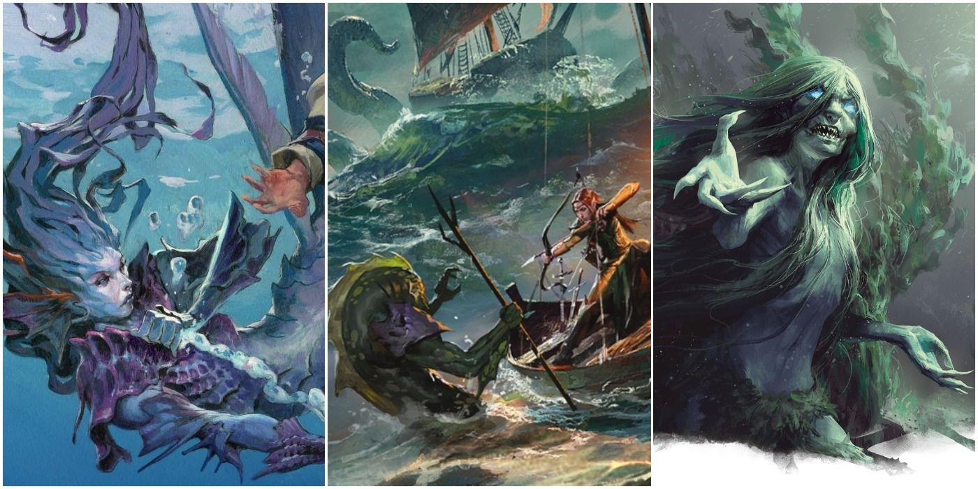 DnD Coastal monster collage - Left: merfolk. Middle: sailors fighting on a boat. Right: a sea hag.