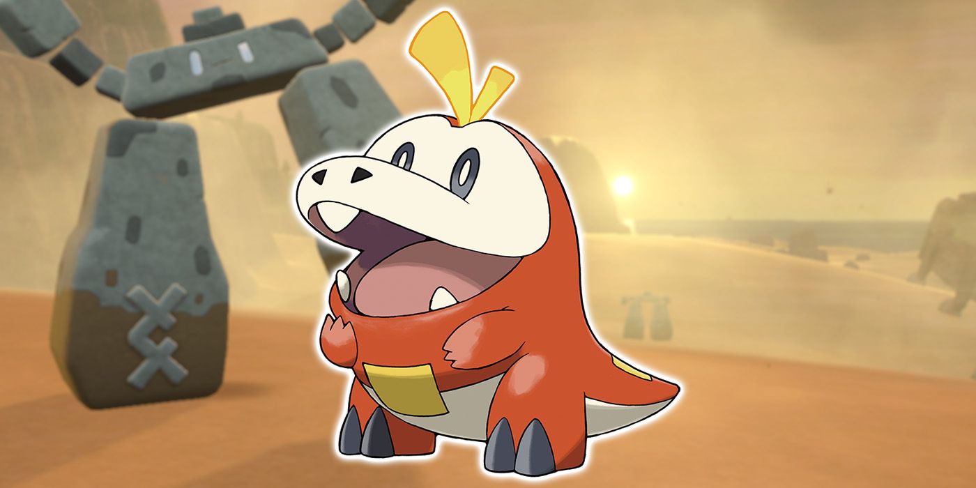 Fuecoco smiling in Pokémon Scarlet Violet.