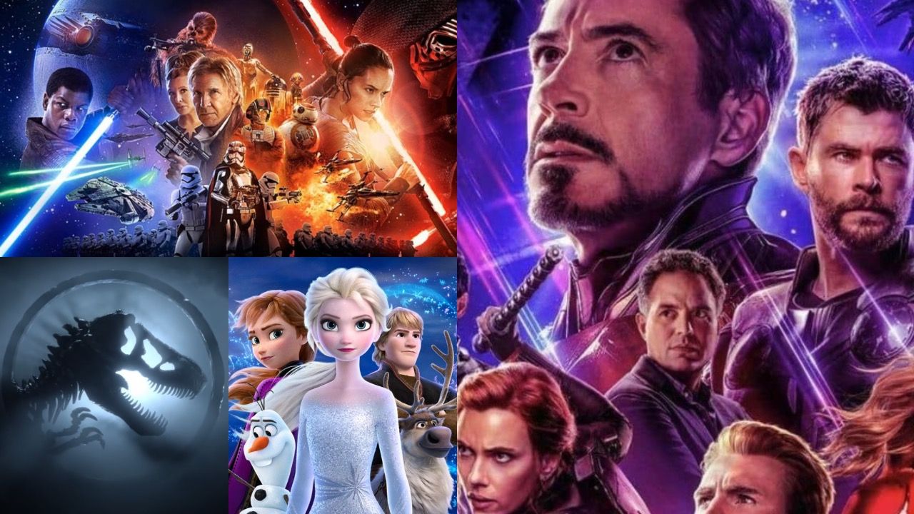 posters from frozen 2, the force awakens jurassic world and avengers endgame