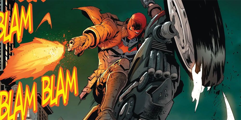 Red Hood Shooting His Gun While Driving A Motorcycle 