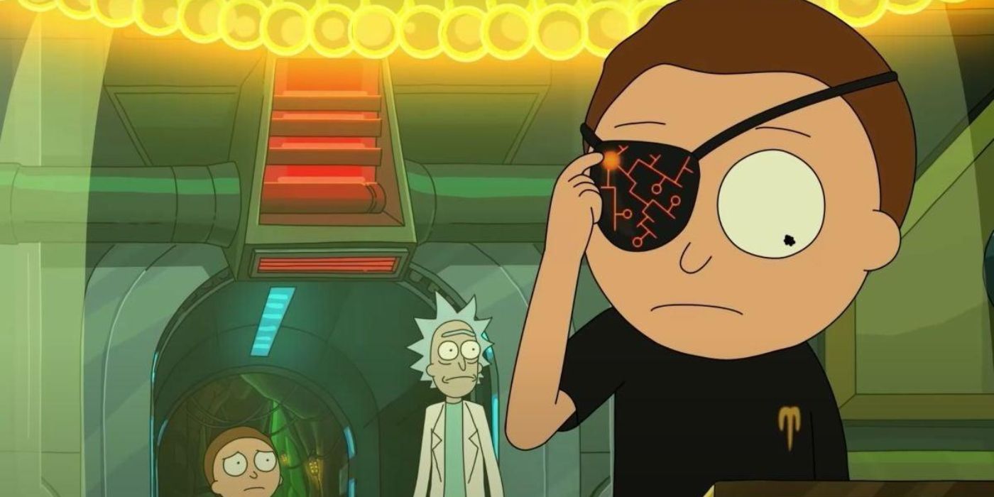 Evil Morty wearing an eyepatch with Rick and Morty behind him in Rick & Morty.