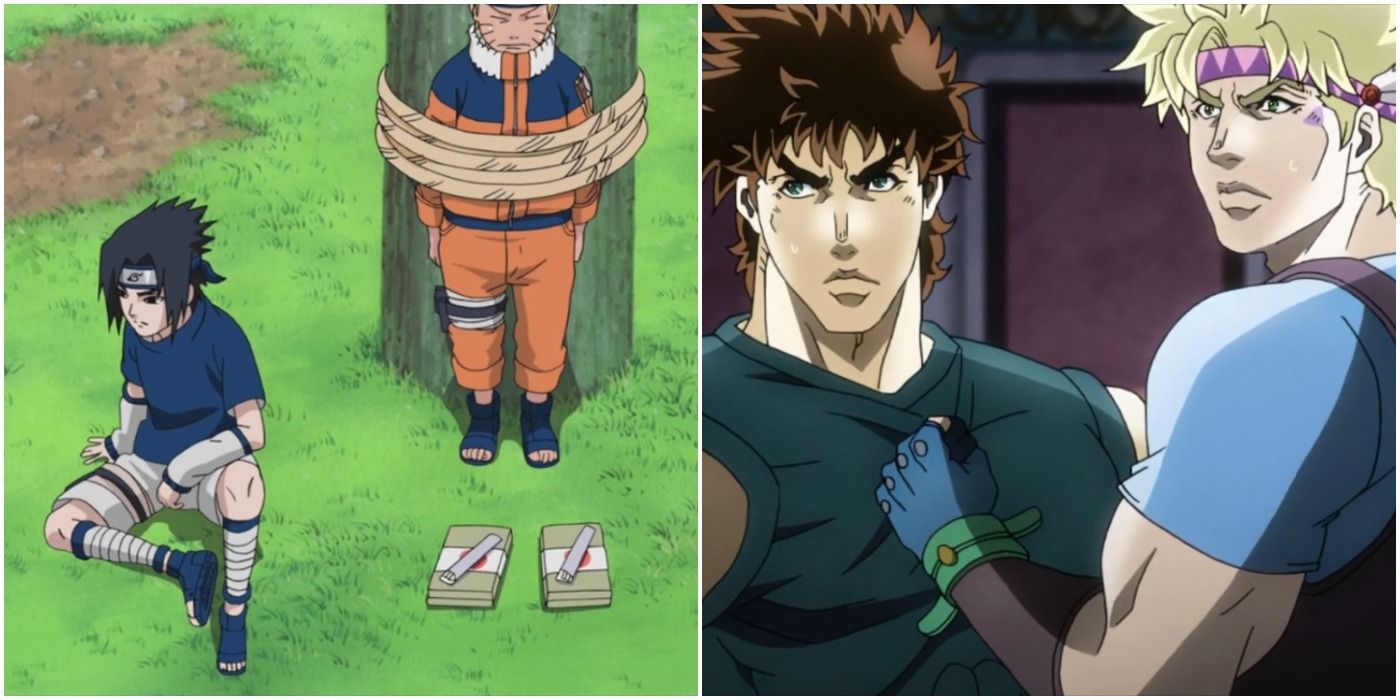 Naruto tied to pole while Sasuke turns away after the bell test (left); Caesar Zeppeli grabbing Joseph Joestar by the shirt collar (right)