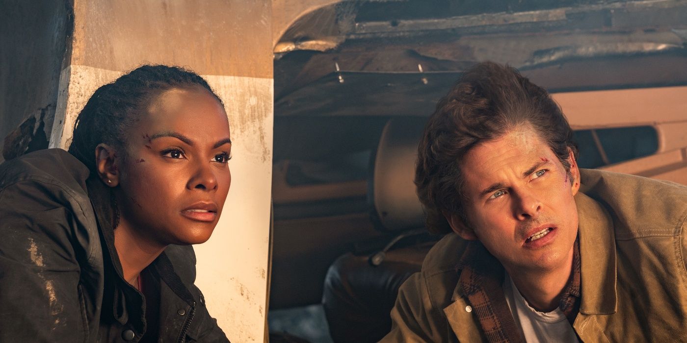 Tika Sumpter as Maddie and James Marsden as Tom look into the distance in Sonic 2.