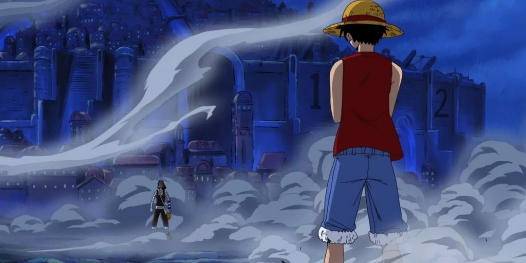 Monkey D. Luffy stands across from Usopp in a fight for the Going Merry during One Piece's Water 7 Saga.