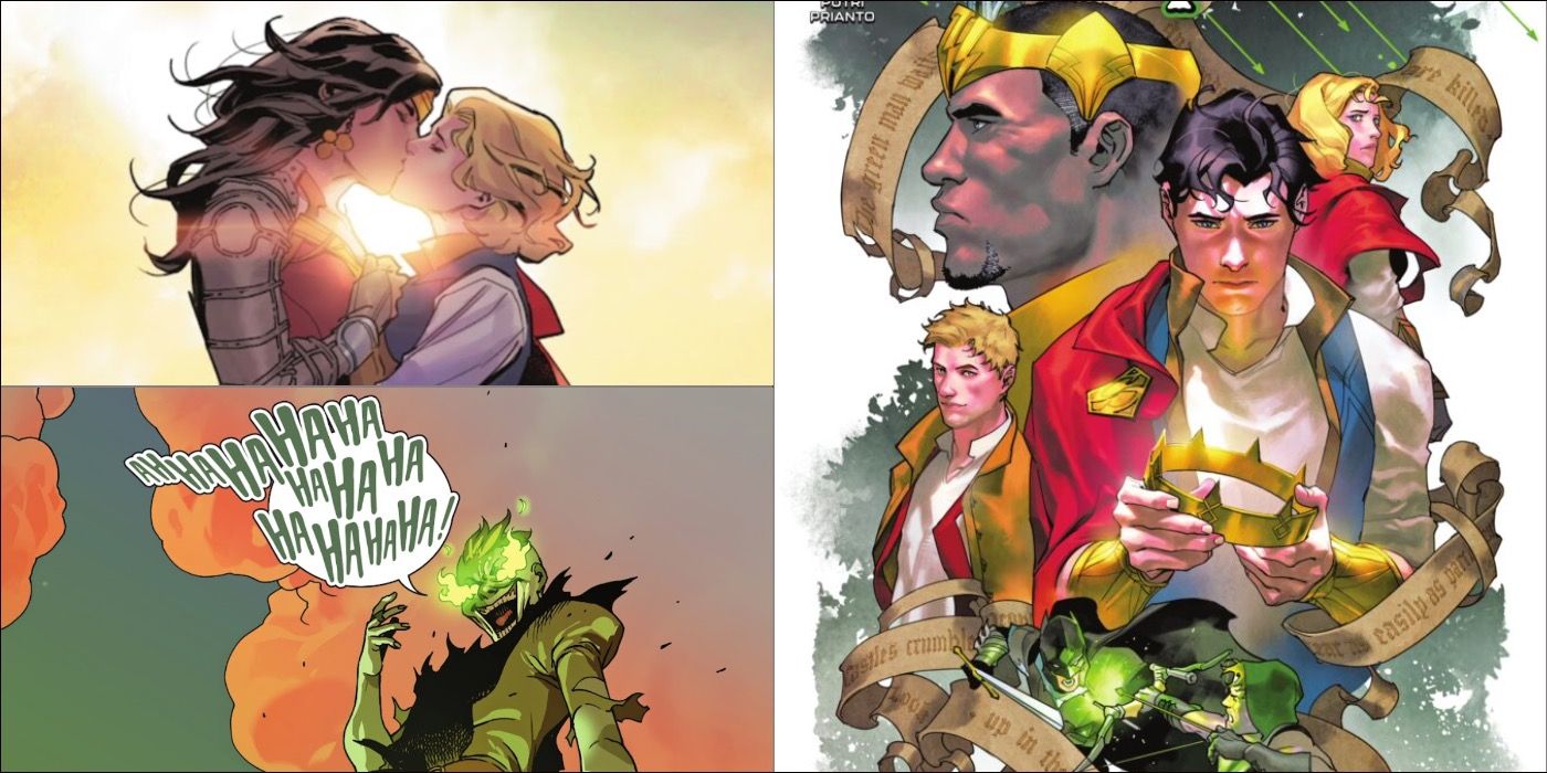 zala and diana kissing, the green man laughing and a cover of dark knights of steel showing kalel as he sees his crown among other characters
