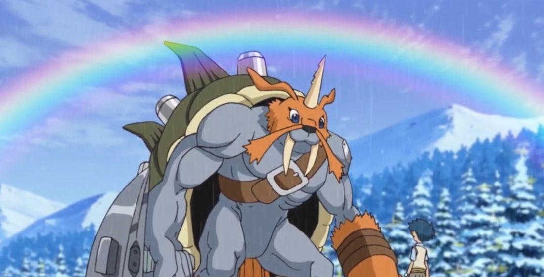 Zudomon stands in front of a rainbow in Digimon Adventure.