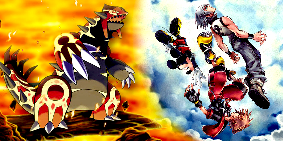 Primal Groudon from Pokemon Omega Ruby as well as Riku, Mickey, and Sora from Kingdom Hearts Dream Drop Distance
