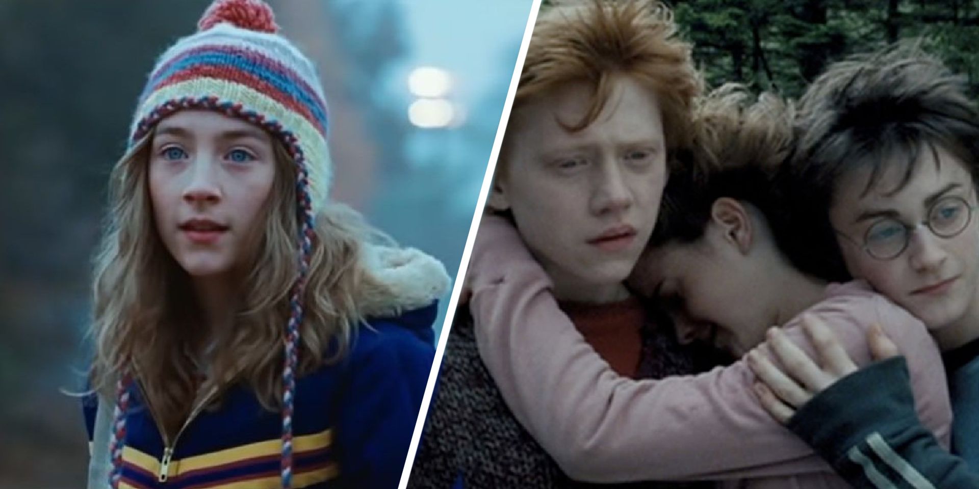 Susie from the lovely bones stares. Harry, Ron and Hermione hug in the Harry Potter series.