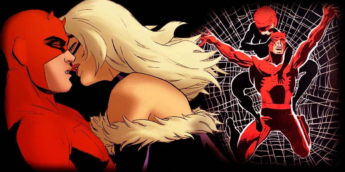 split image of Daredevil kissing Black Cat, and Daredevil trapped in Black Widow's web