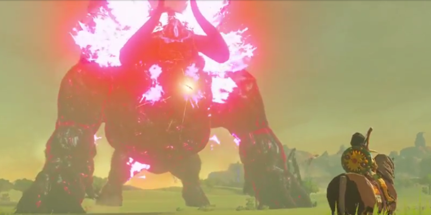 Link faces off against the Dark Beast Ganon on horseback.