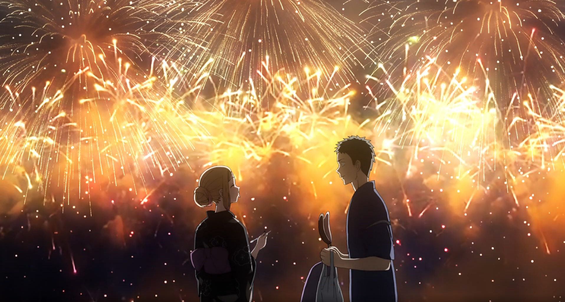My Dress Up Darling Episode 12: Gojo and Marin watching the fireworks during the summer festival