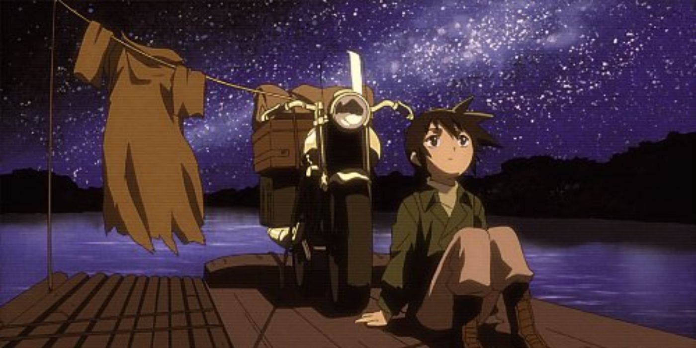 A scene from Kino's Journey picturing stargazing with Hermes.