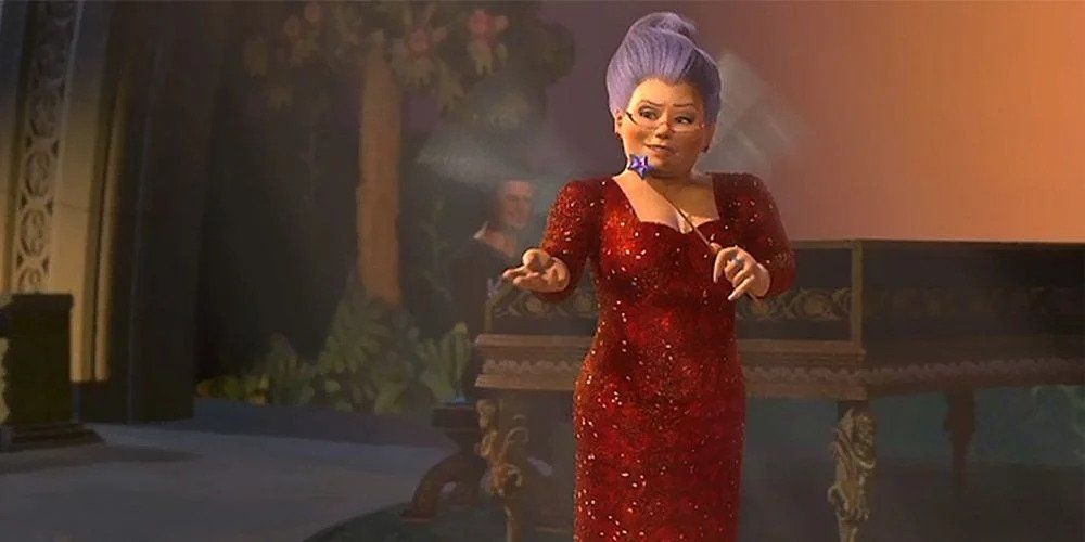 The Fairy Godmother from Shrek, in a red sequined gown