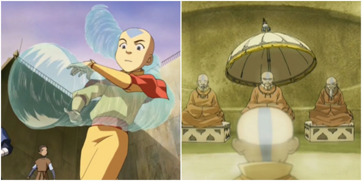 Split image of Aang and Aang in front of Airbending Elders