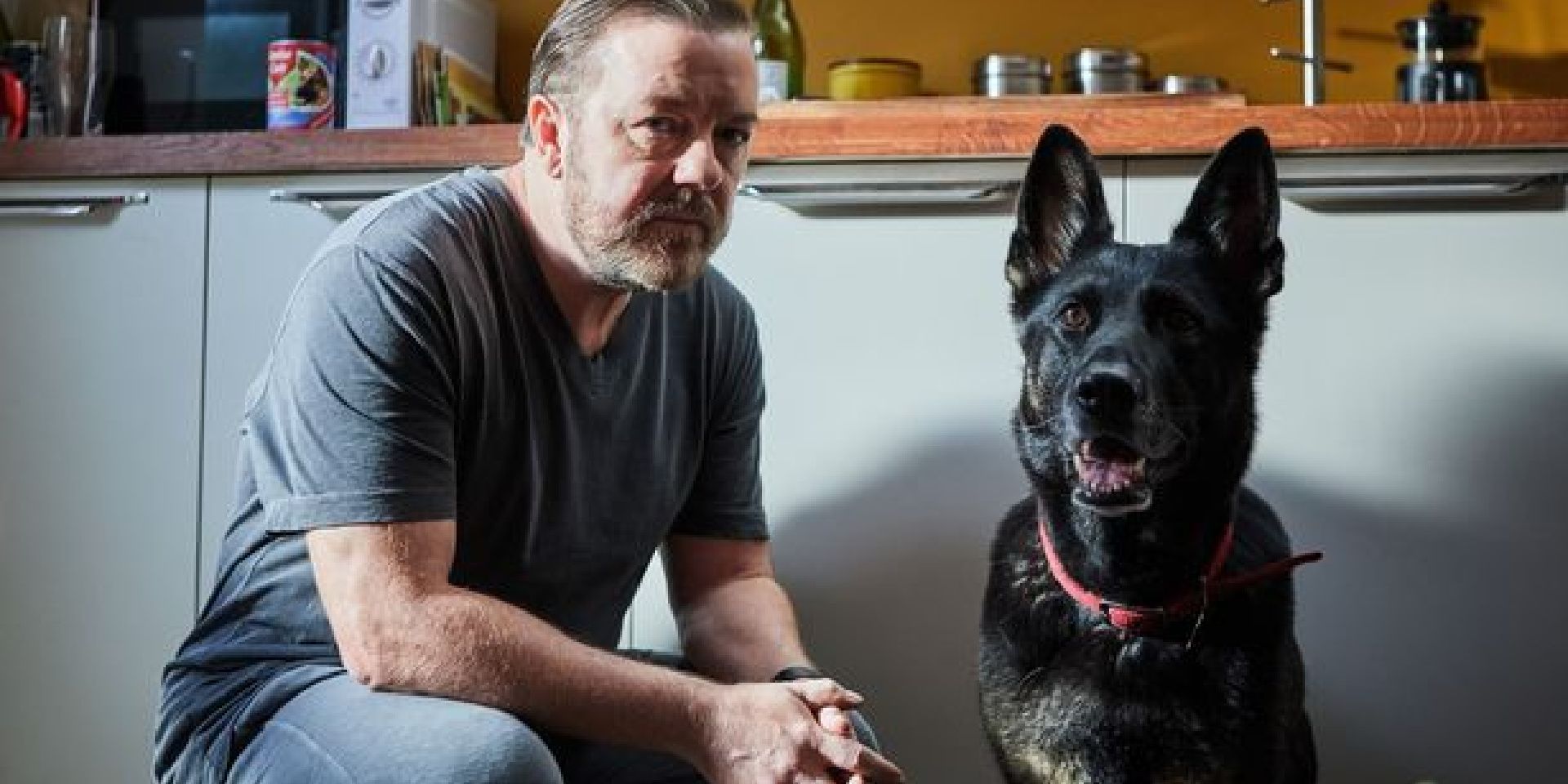 Ricky Gervais as Tony and his dog Brandi sit on the couch in Afterlife.