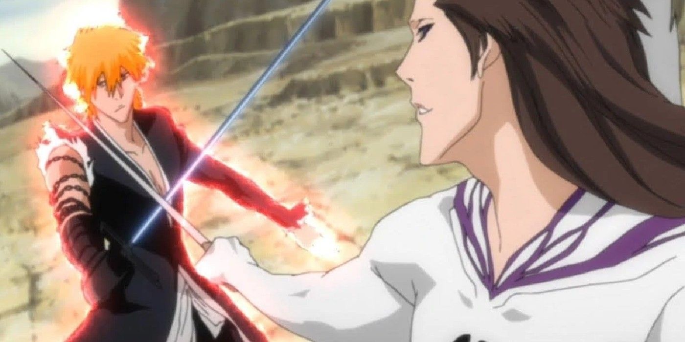 Aizen blocks Ichigo's attack in Bleach.