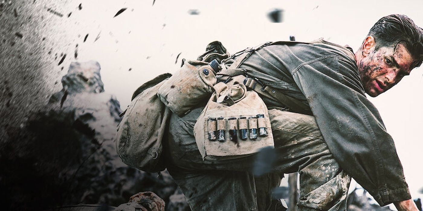 Andrew Garfield near an explosion in Hacksaw Ridge 