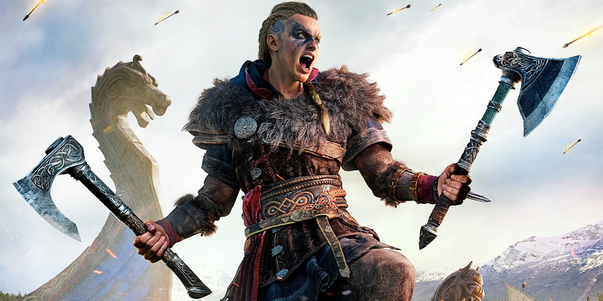 Promotional image depicting Evior's battle cry, as seen in Assassin's Creed Valhalla.