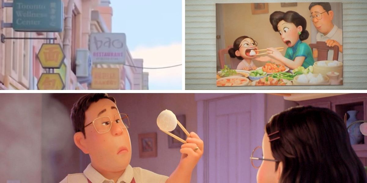 Images feature the Bao references—Meilin and her family cooking and eating Bao and the "Bao" restaurant—shown in Turning Red
