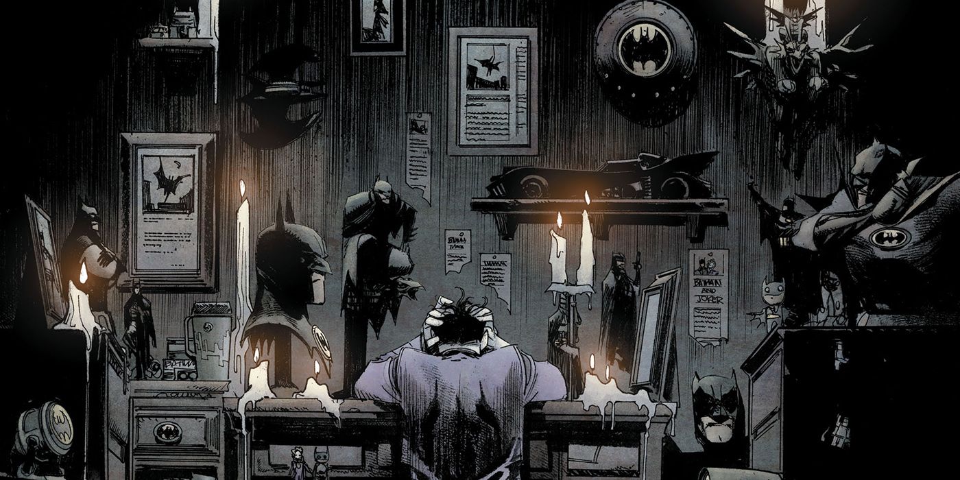 The Joker obsesses over his Batman collection