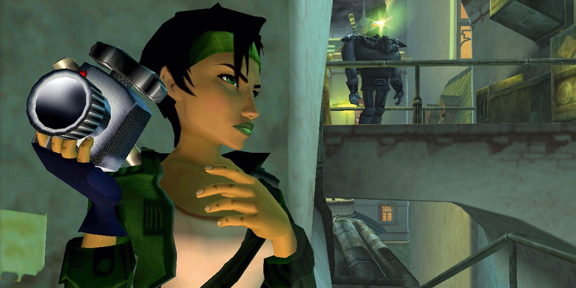 Jade holding a camera and avoiding enemies in Beyond Good and Evil HD