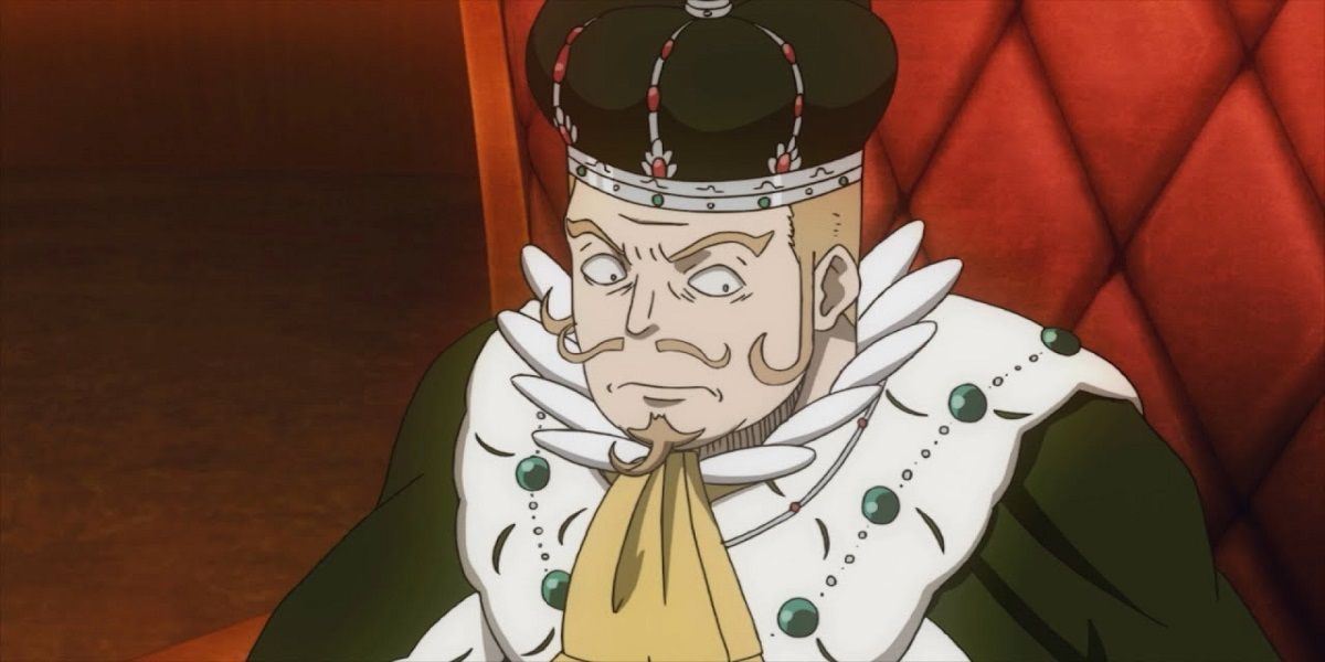 Augustus Kira Clover XIII, the current Clover King, sitting on the throne in the Black Clover anime