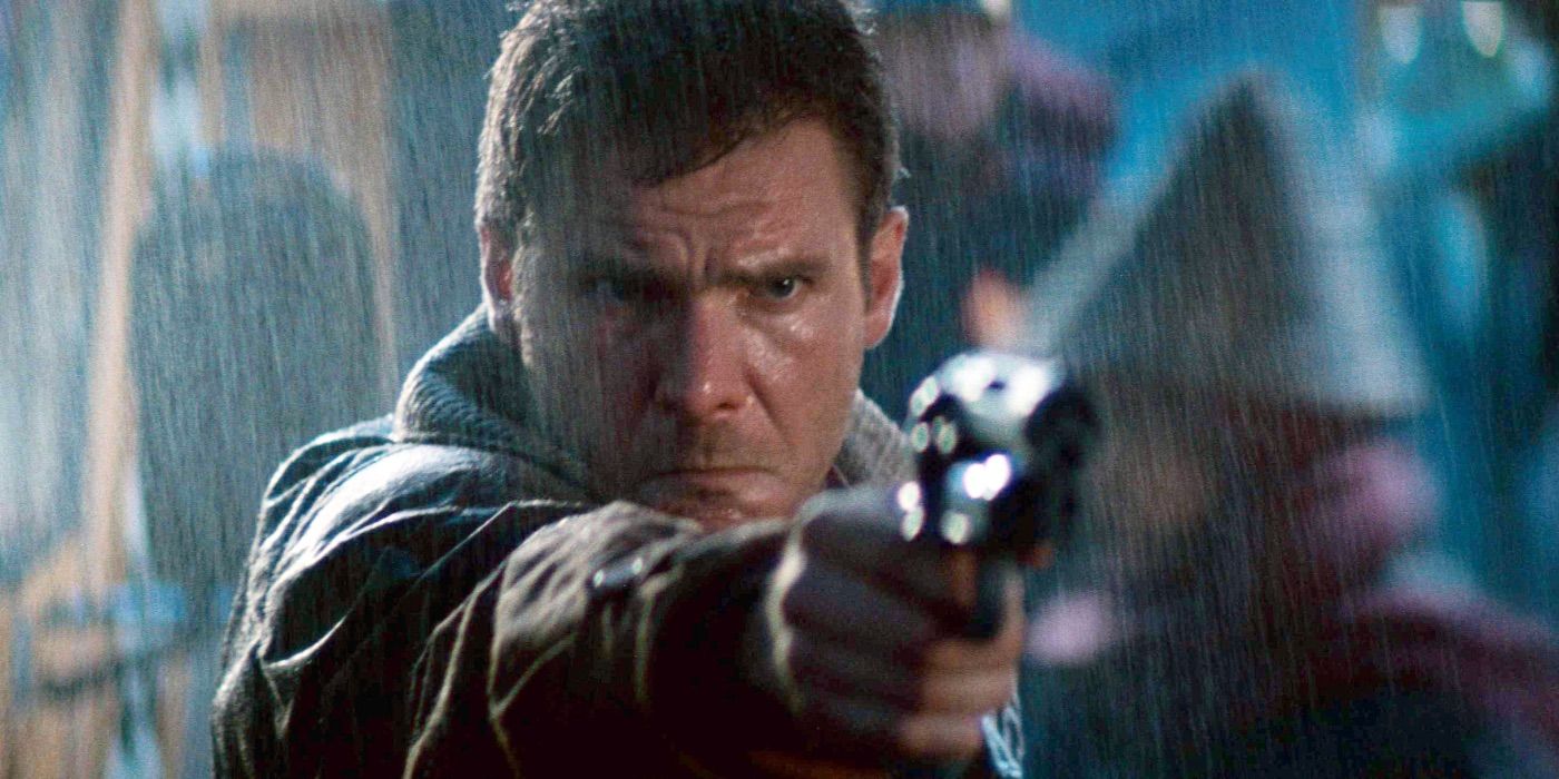 Harrison Ford as Rick Deckard pointing a gun in Blade Runner