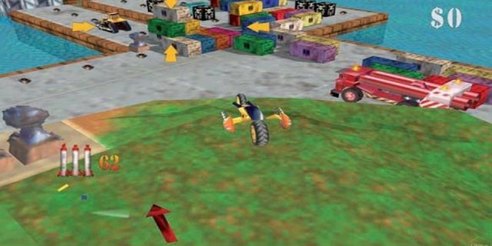 A vehicle destroys rubble in the Nintendo 64's Blast Corps