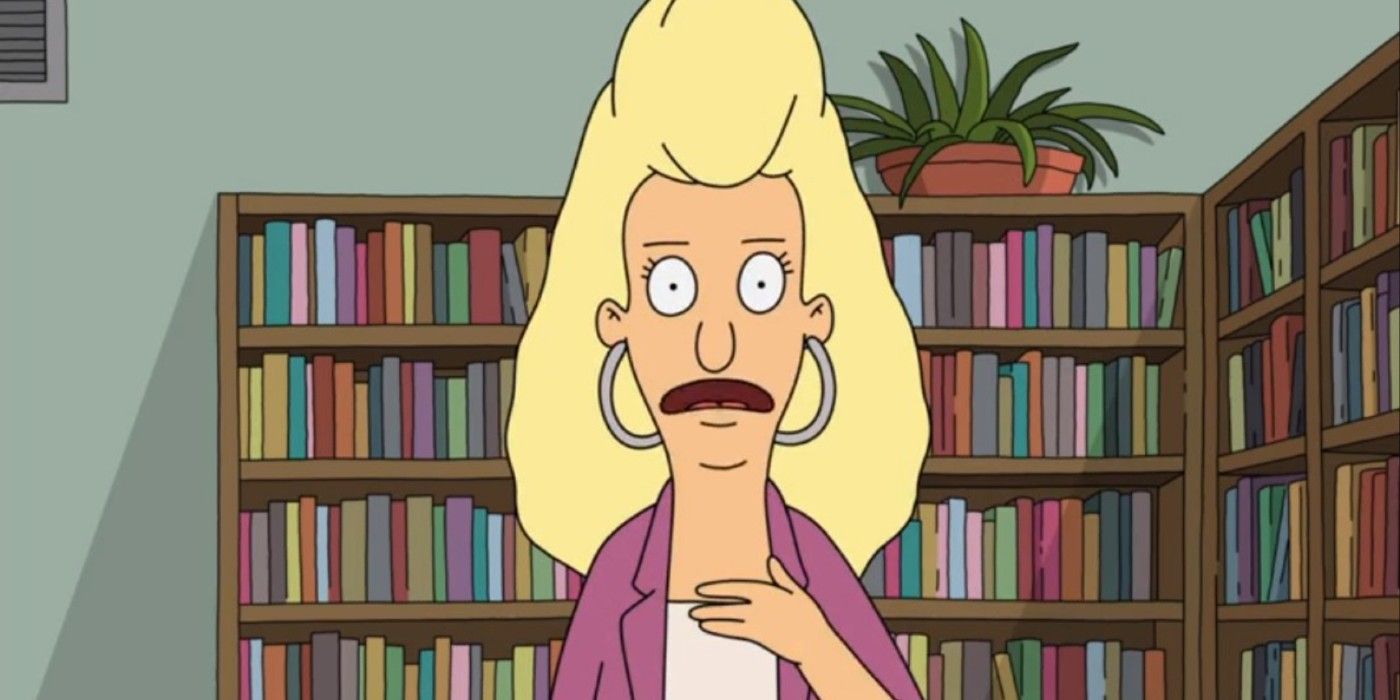 While in front of a bookshelf, Bob's Burgers character Colleen opens her mouth in surprise