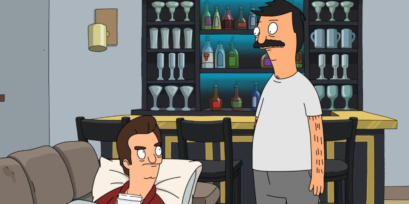 Bob Belcher stands next to Jimmy Pesto, who lays on the sofa in his apartment