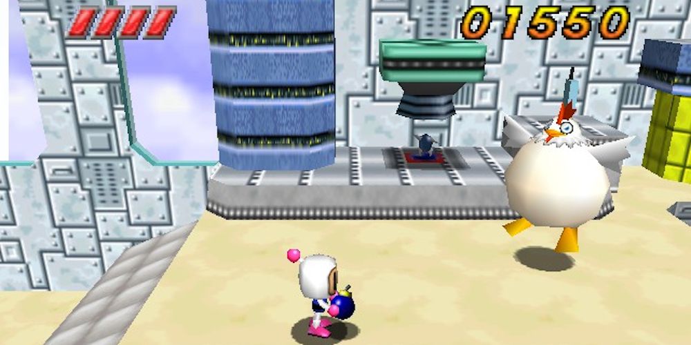 Bomberman attacks a giant chicken in the Nintendo 64's Bomberman Hero
