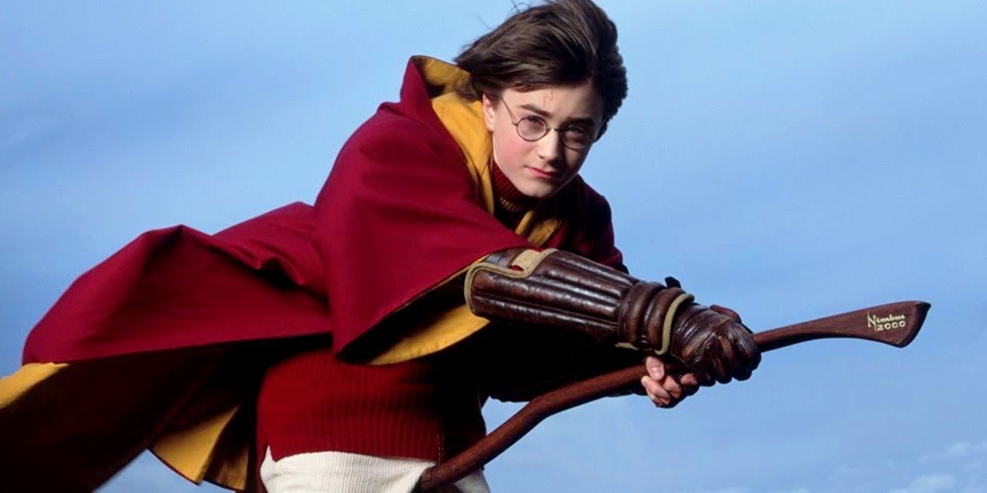A young Harry Potter playing Quidditch for Gryffindor in Harry Potter