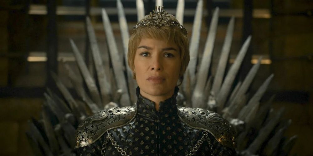 Cersei Lannister on the Iron Throne after the Green Trial in Season 6 of Game of Thrones