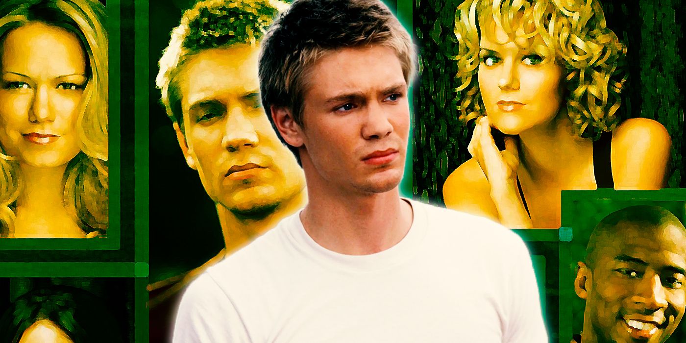 Lucas Scott positioned in front of a cast poster for One Tree Hill Season 4