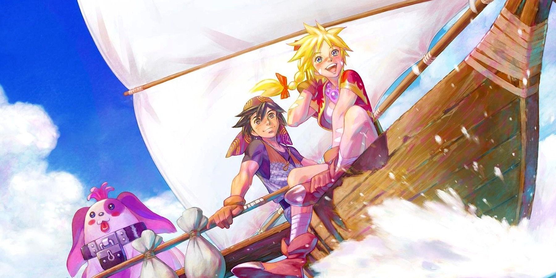 Promotional image for Chrono Cross: The Radical Dreamers Edition, depicting Kid, Serge and Poshul.