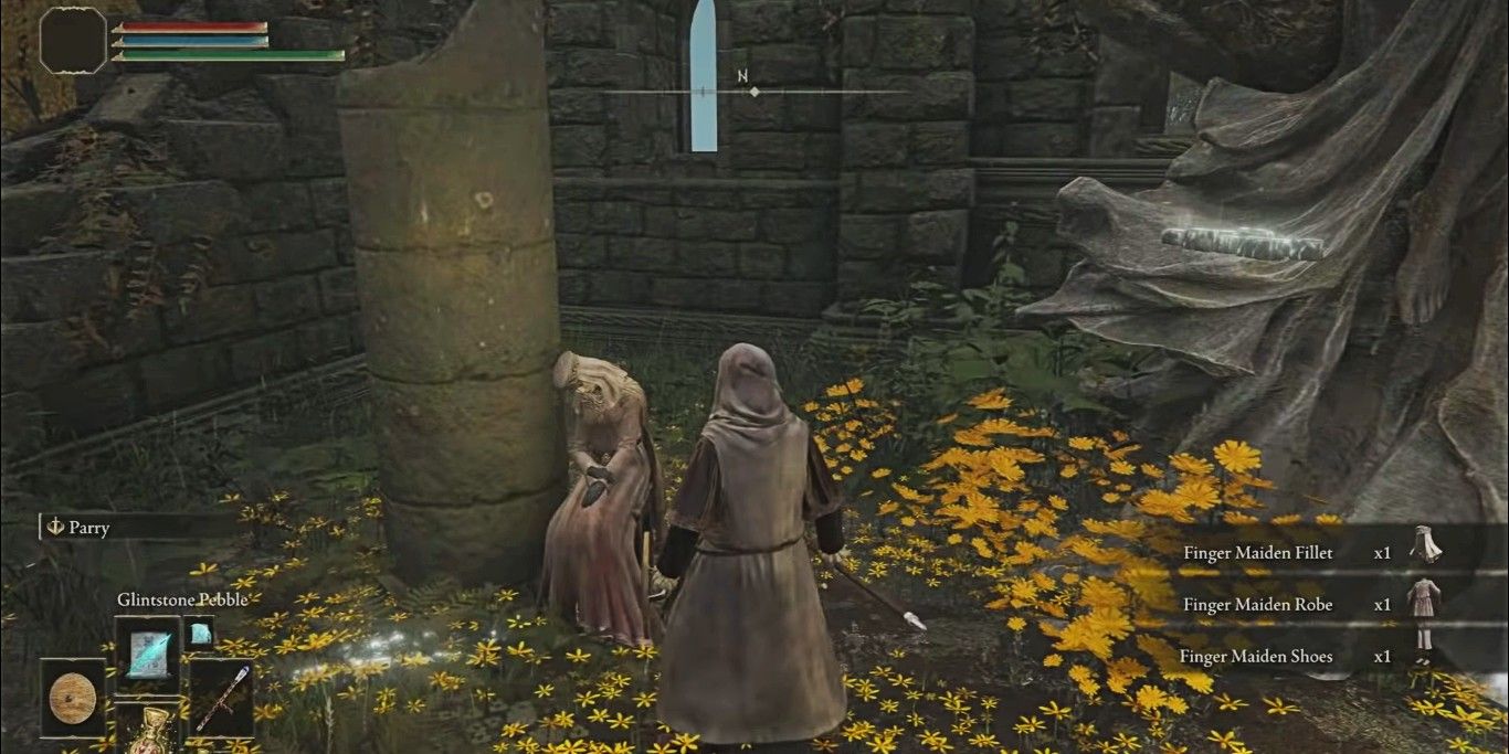 Screenshot depicting an Astrologer interacting with a corpse of a Finger Maiden, as seen in Elden Ring.