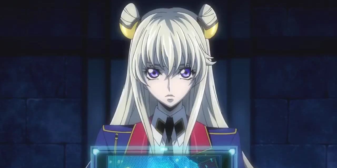 Leila Malcal looks up from a holographic screen in Code Geass: Akito the Exiled.