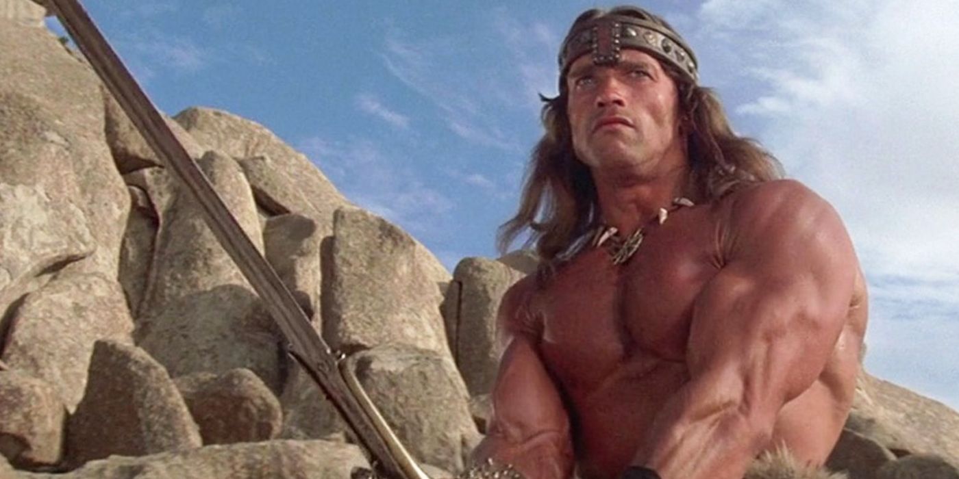 Arnold Schwarzenegger's Conan holds his sword in front of some rocks in Conan the Barbarian.