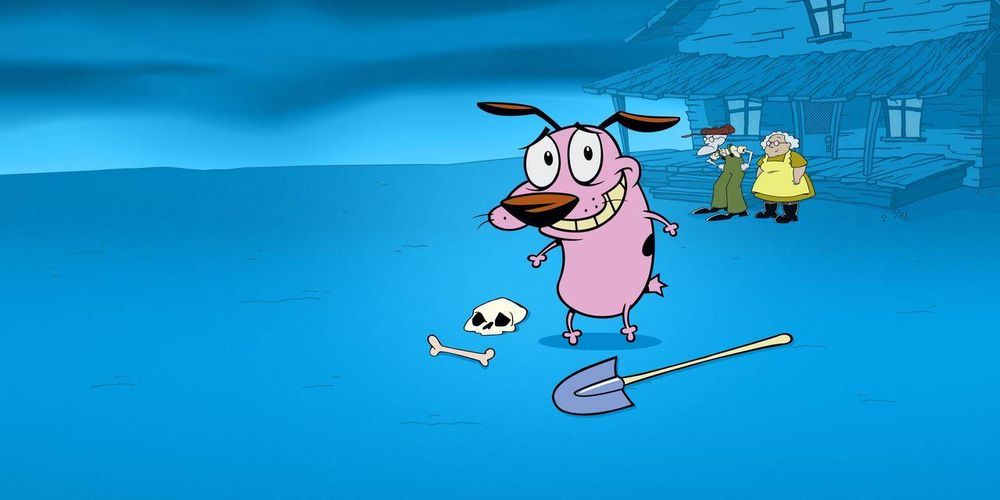Courage the Cowardly Dog smiling over some human skeletal remains with Muriel and Eustace Baggs standing in the back