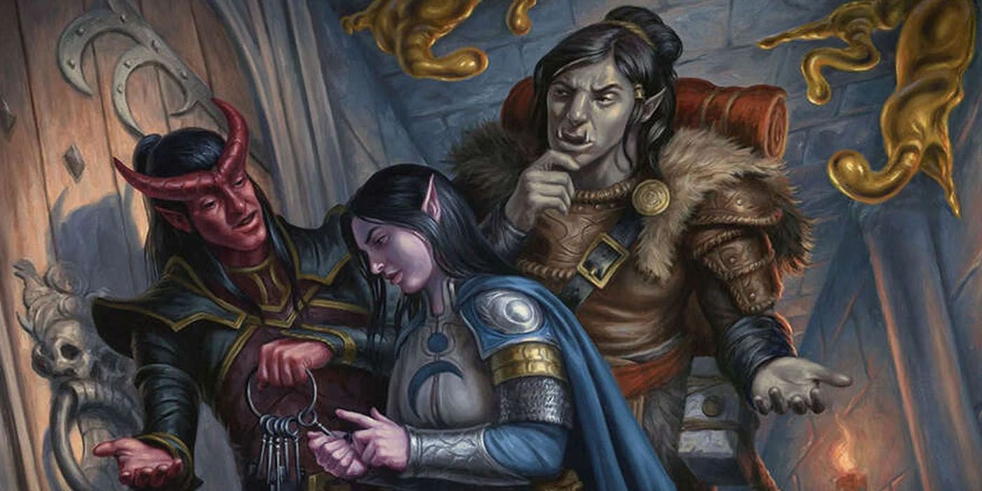 a dnd tiefling talking to an elf with a ring of keys while a half orc looks on confused.
