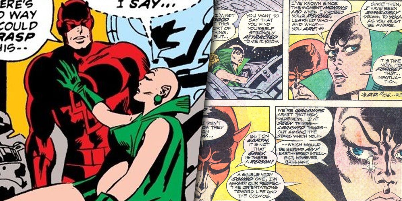 Daredevil and Moondragon comic split image