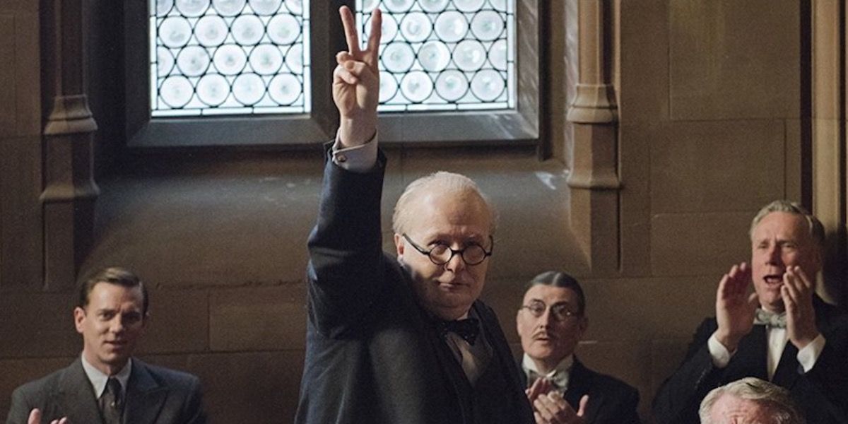 Winston Churchill makes the victory sign in Darkest Hour