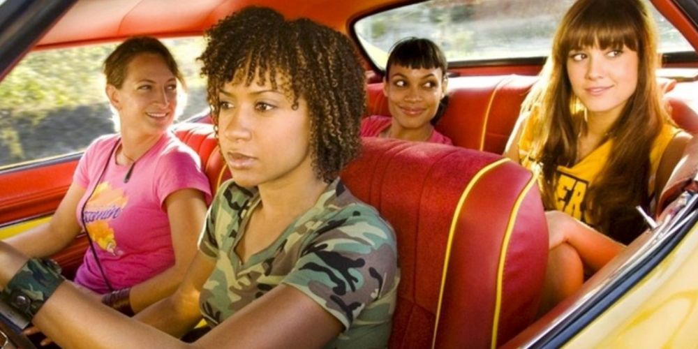 A group of female friends fleeing a serial killer in Death Proof