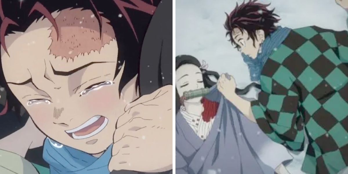 Images feature Tanjiro Kamado crying over his family members from Demon Slayer.