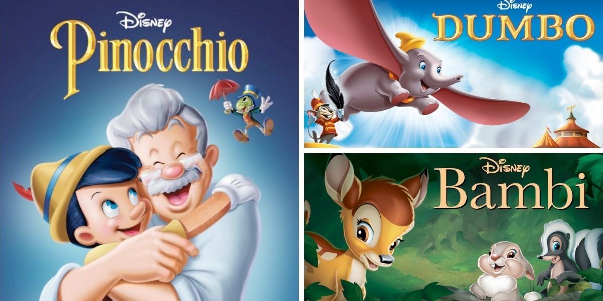 Images feature visuals from Pinocchio, Dumbo, and Bambi