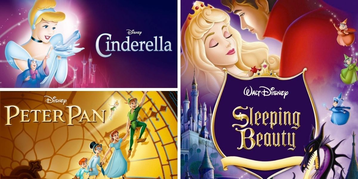 Images feature visuals from Cinderella, Peter Pan, and Sleeping Beauty