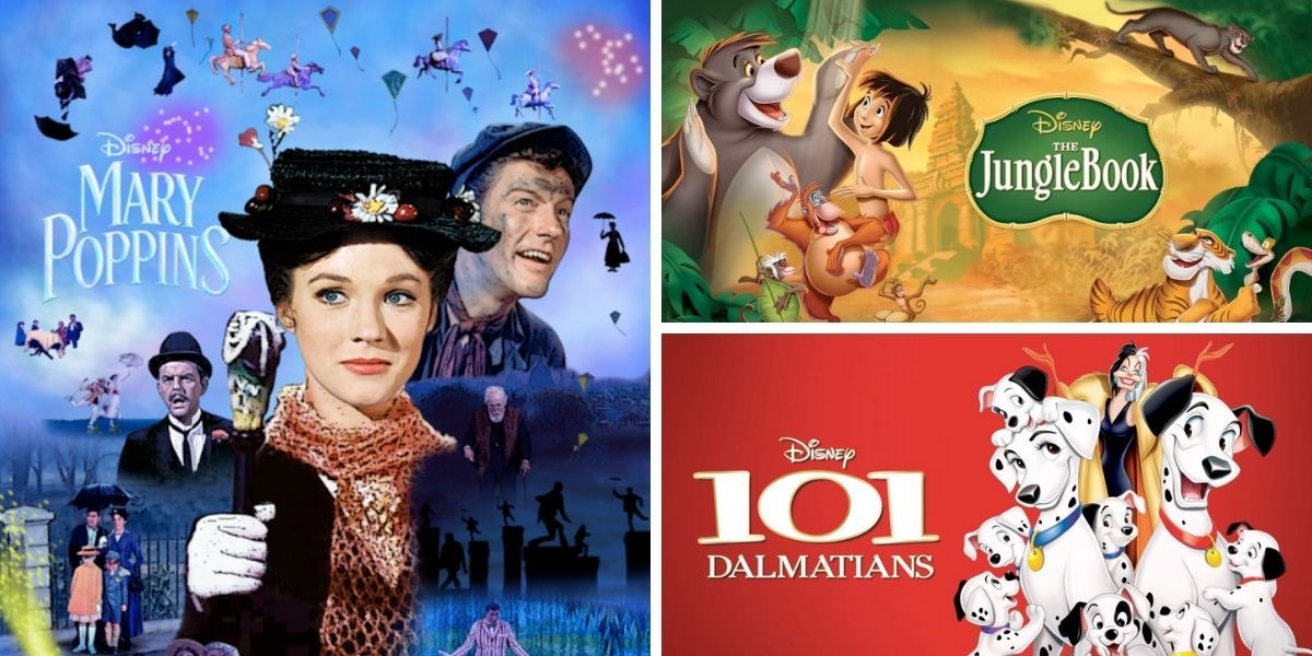 Images feature visuals from Mary Poppins, The Jungle Book, and 101 Dalmatians