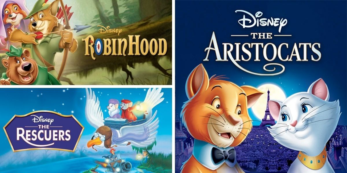 Images feature visuals from Robin Hood, The Rescuers, and The Aristocats