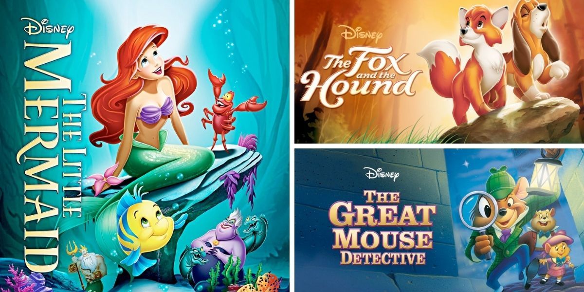 Images feature visuals from The Little Mermaid, The Fox and the Hound, and The Great Mouse Detective