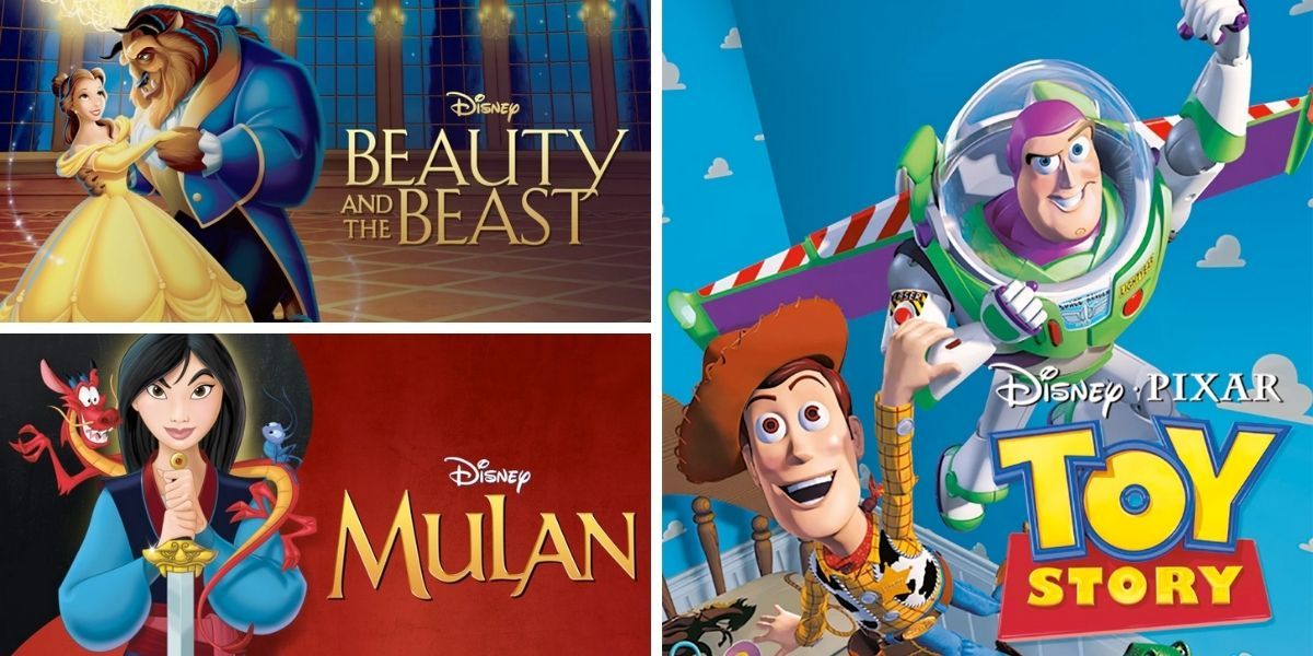 Images feature visuals from Beauty and the Beast, Mulan, and Toy Story